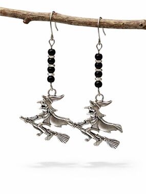 Witch Earrings Halloween Silver Charm Black Bead Dangle